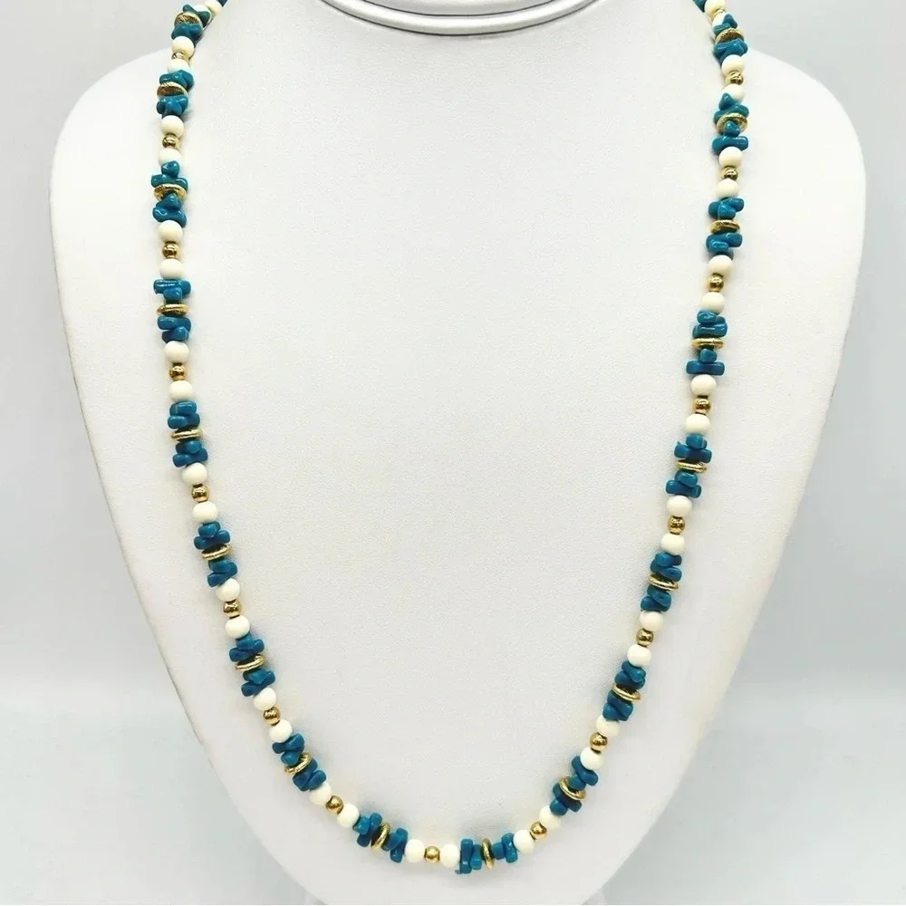 Monet Turquoise Blue Cream Gold Beaded Necklace